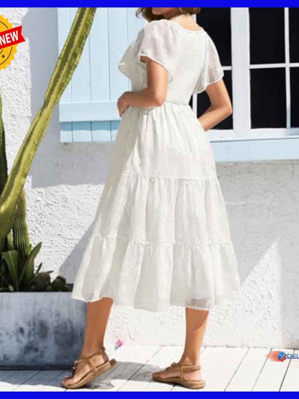 Maternity Midi Dress Flutter Sleeve Smocked Top A-Line Casual Summer - Picture 2 of 7